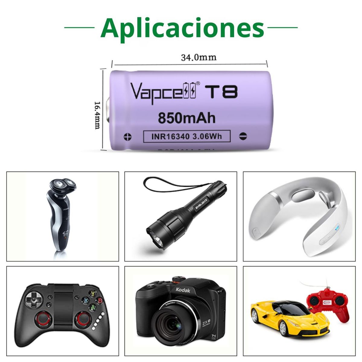 OEM - Kit de Batería 16340 Vapcell 850mAh + Cargador Micro-USB