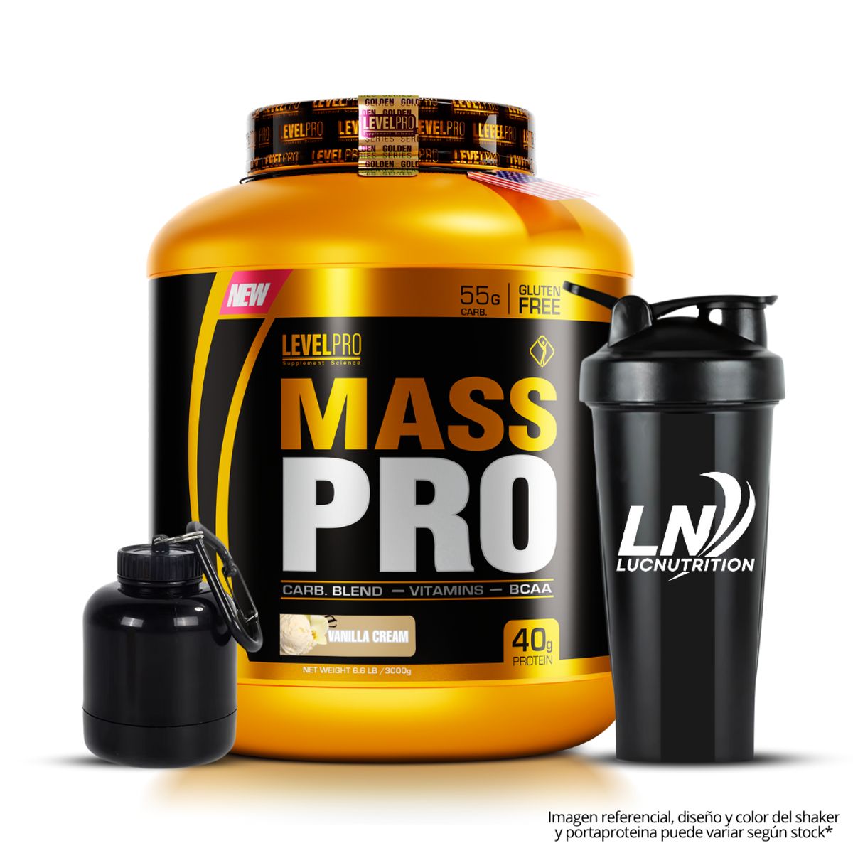 LEVEL PRO - Mass Pro 3 kg Vainilla + Shaker + portaproteina