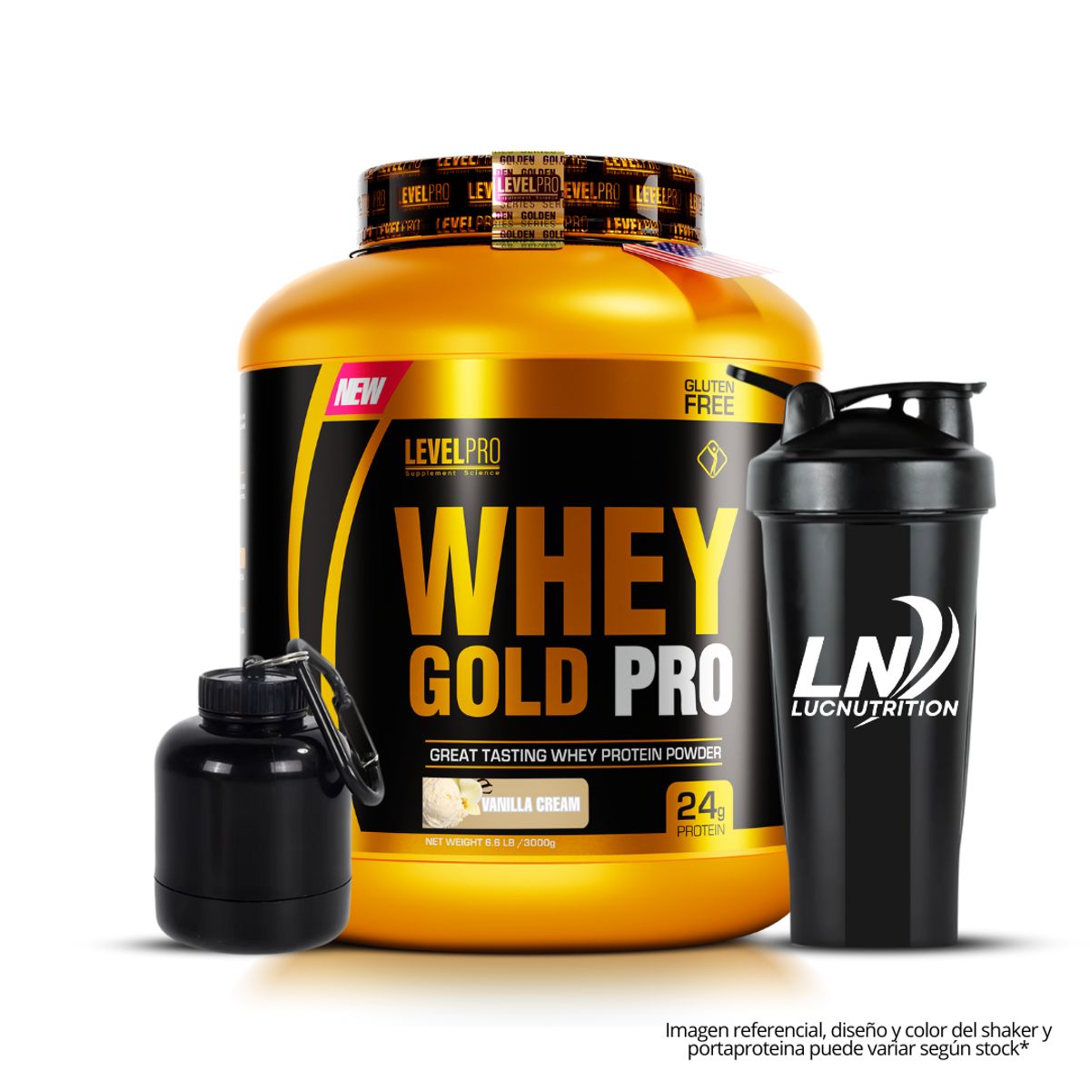 LEVEL PRO - Whey Gold Pro 3 kg / 6.6 lb Vainilla + Shaker + PortaProteína