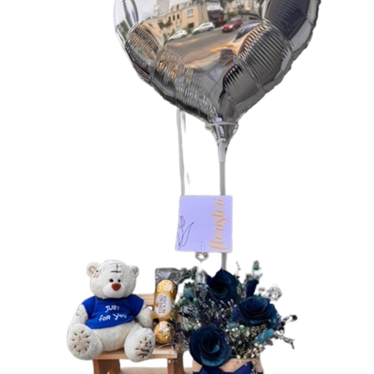 FLORISTERI - Pack Valentín azul Oso de peluche Chocolates Ferrero x3 globo corazón