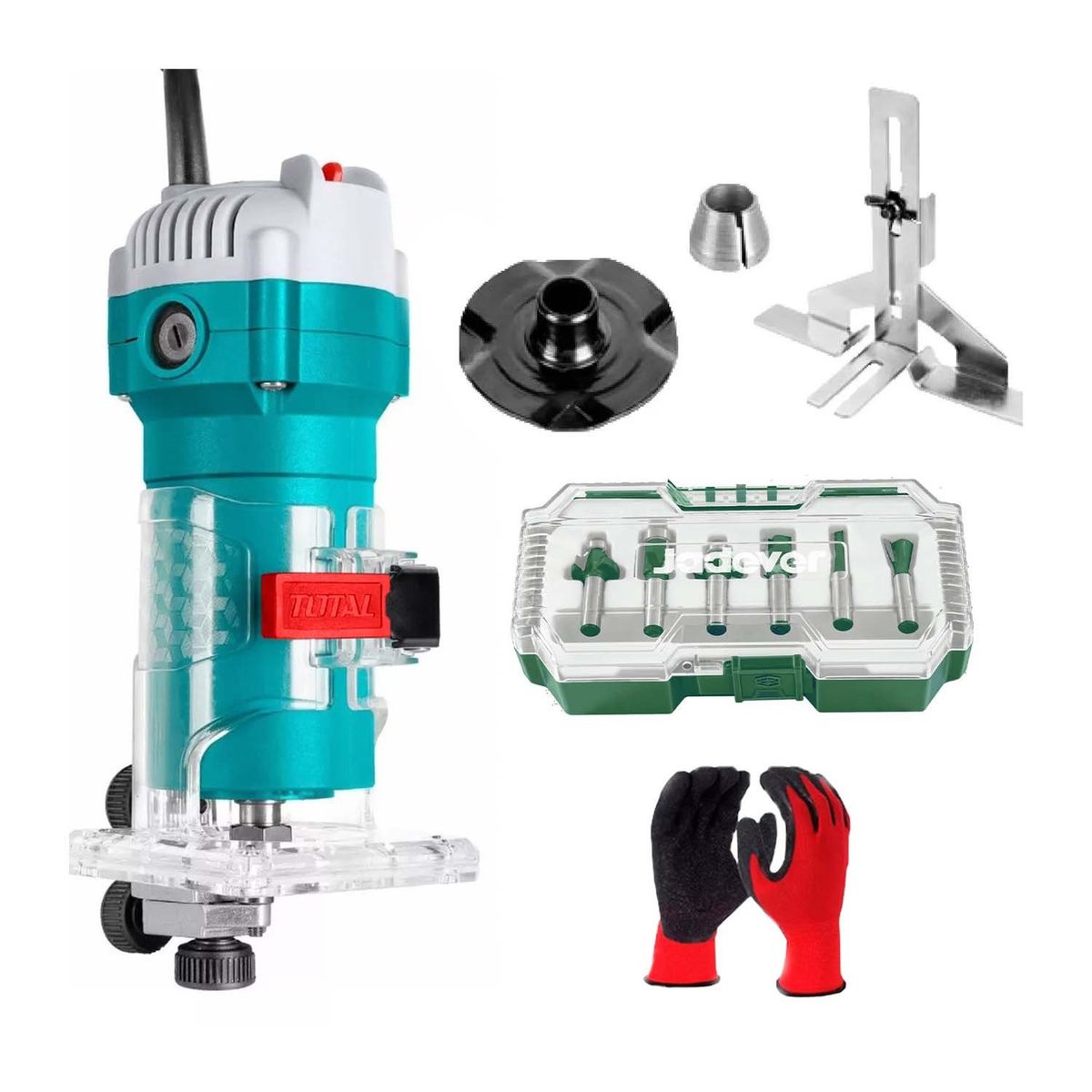 TOTAL TOOLS - RUTEADORA 600W TOTAL 6MM 14 + SET DE BROCAS ENRUTADORAS + GUANTE