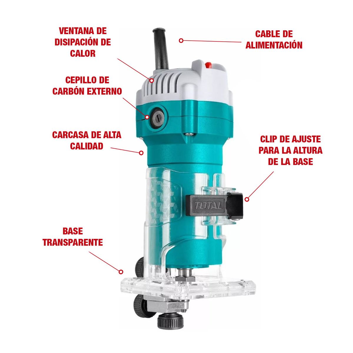 TOTAL TOOLS - RUTEADORA 600W TOTAL 6MM 14 + SET DE BROCAS ENRUTADORAS + GUANTE