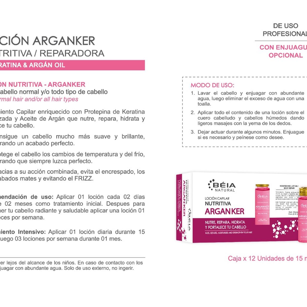 GENERICO - LOCIÓN CAPILAR ARGÁN-KERATINA X 12 AMPOLLAS 15ML