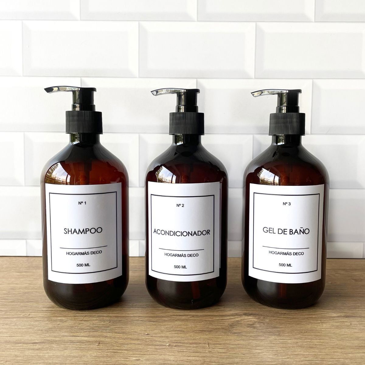 HOGARMAS - Set de 3 Botellas Dispensadoras para Baño Ámbar