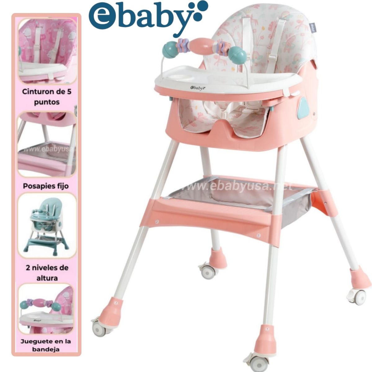 EBABY - Silla de Comer para bebe Plegable Doble bandeja+ Rueda LULU