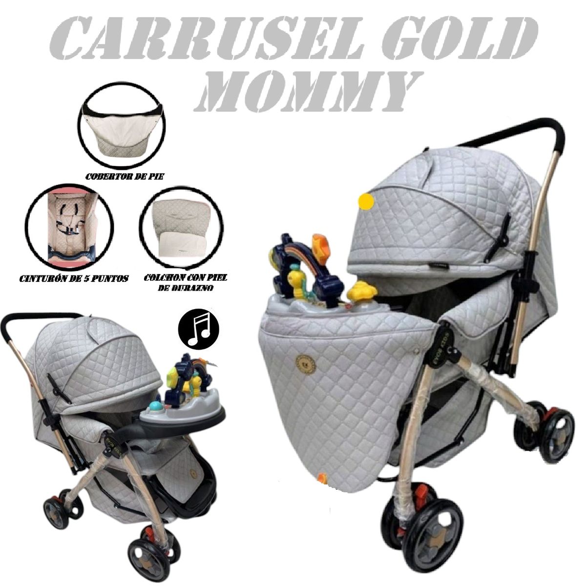GENERICO - Coche de Paseo Bandeja Didactica Musical Gold Mommy - Gris