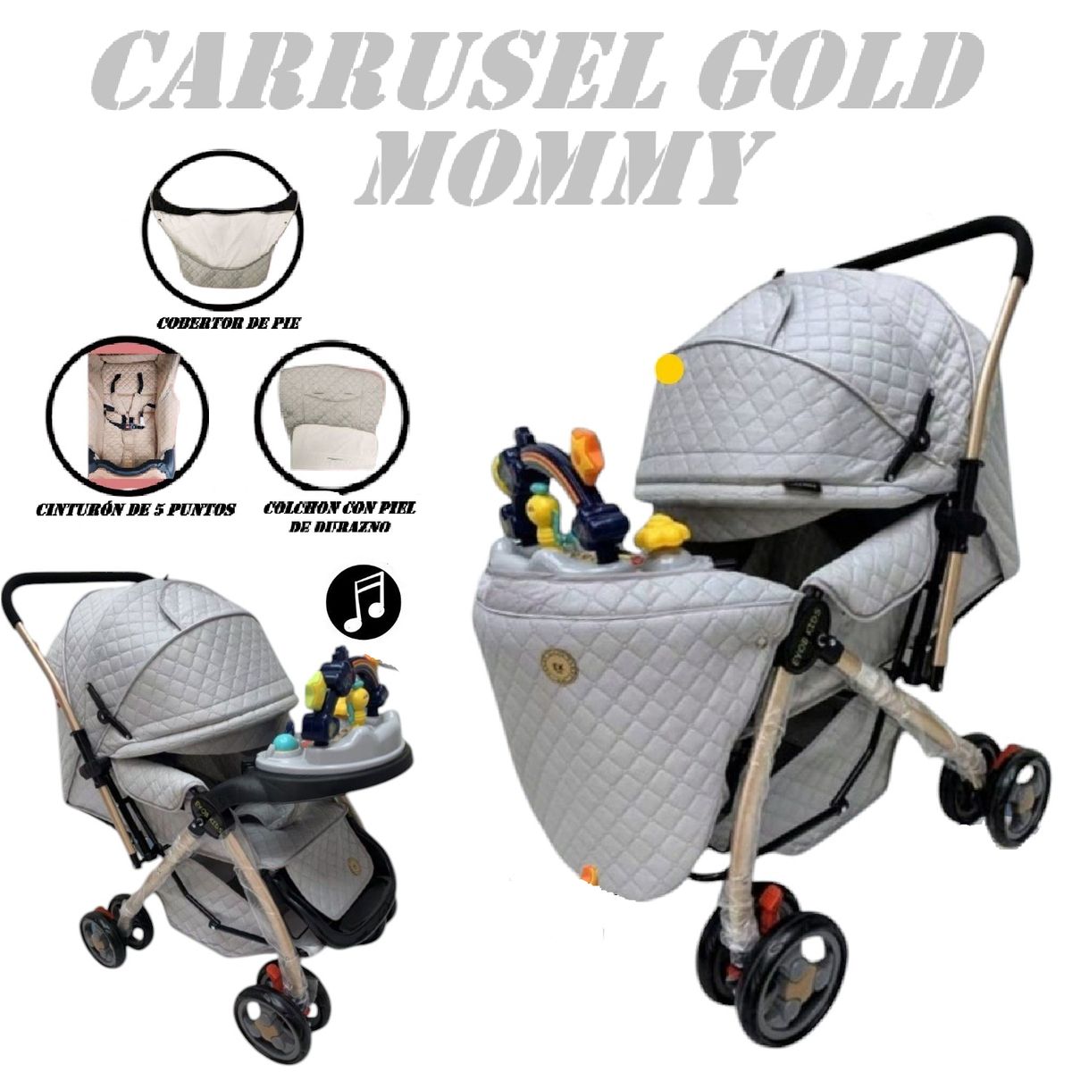 GENERICO - Coche de Paseo Bandeja Didactica Musical Gold Mommy - Gris