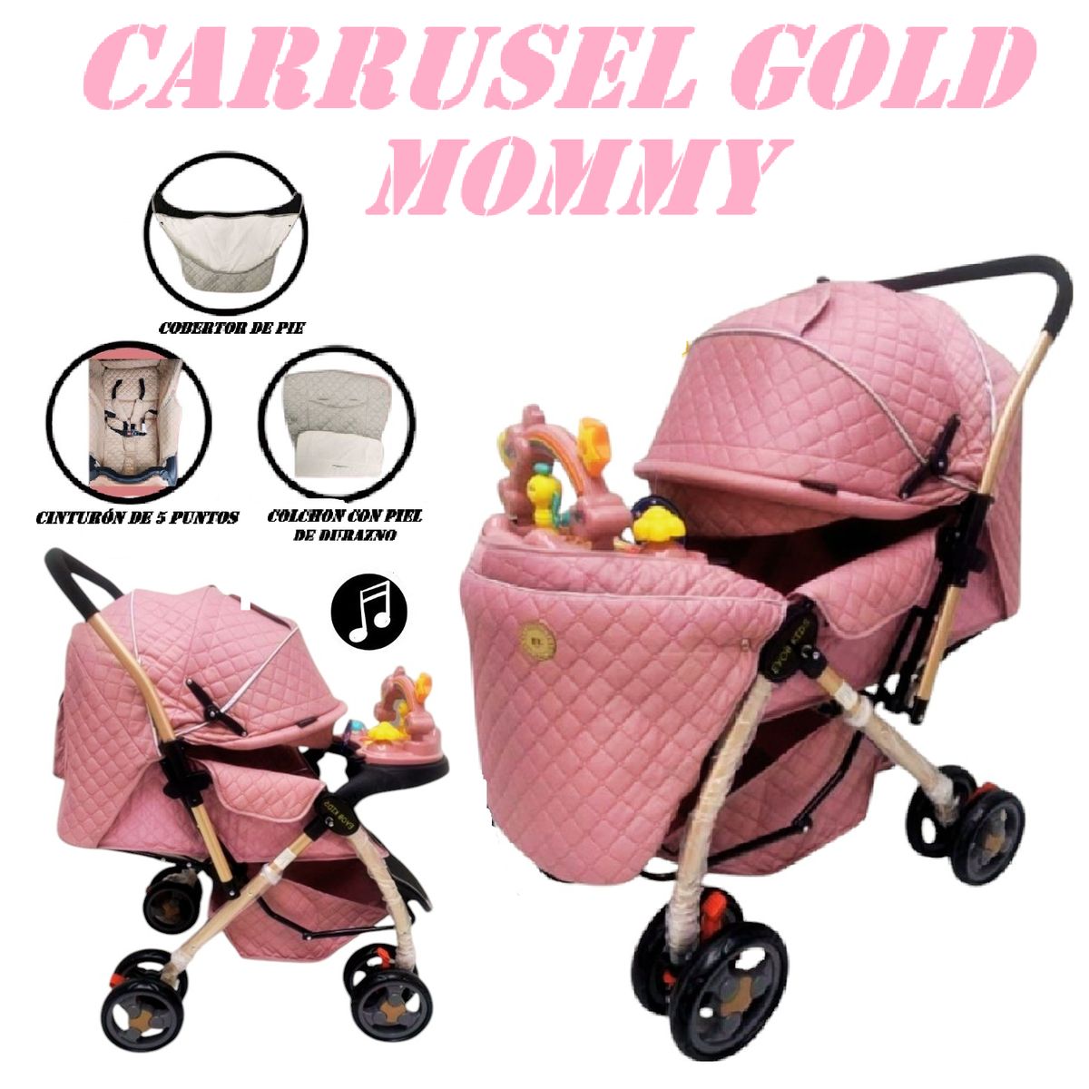 GENERICO - Coche de Paseo Bandeja Didactica Musical Gold Mommy - Rosa