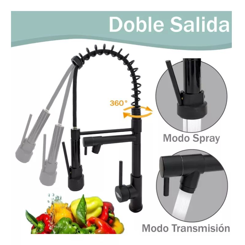 GENERICO - Grifo Mezcladora Gourmet Extendible 2 Salidas De Agua, Acero Black
