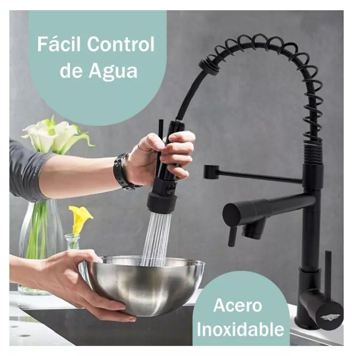 GENERICO - Grifo Mezcladora Gourmet Extendible 2 Salidas De Agua, Acero Black