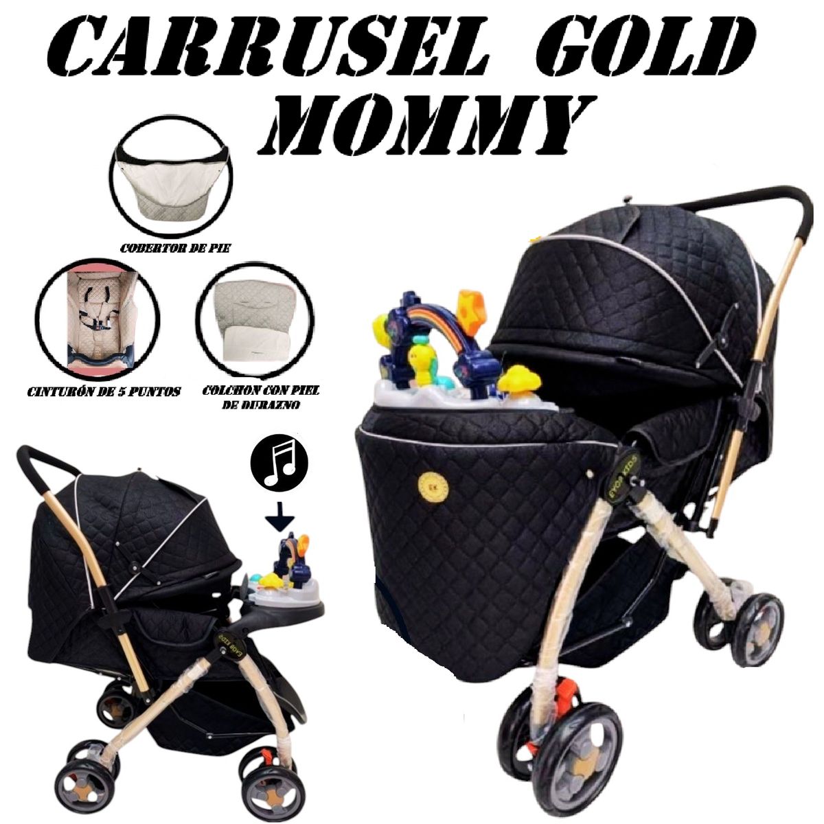GENERICO - Coche de Paseo Bandeja Didactica Musical Gold Mommy - Negro
