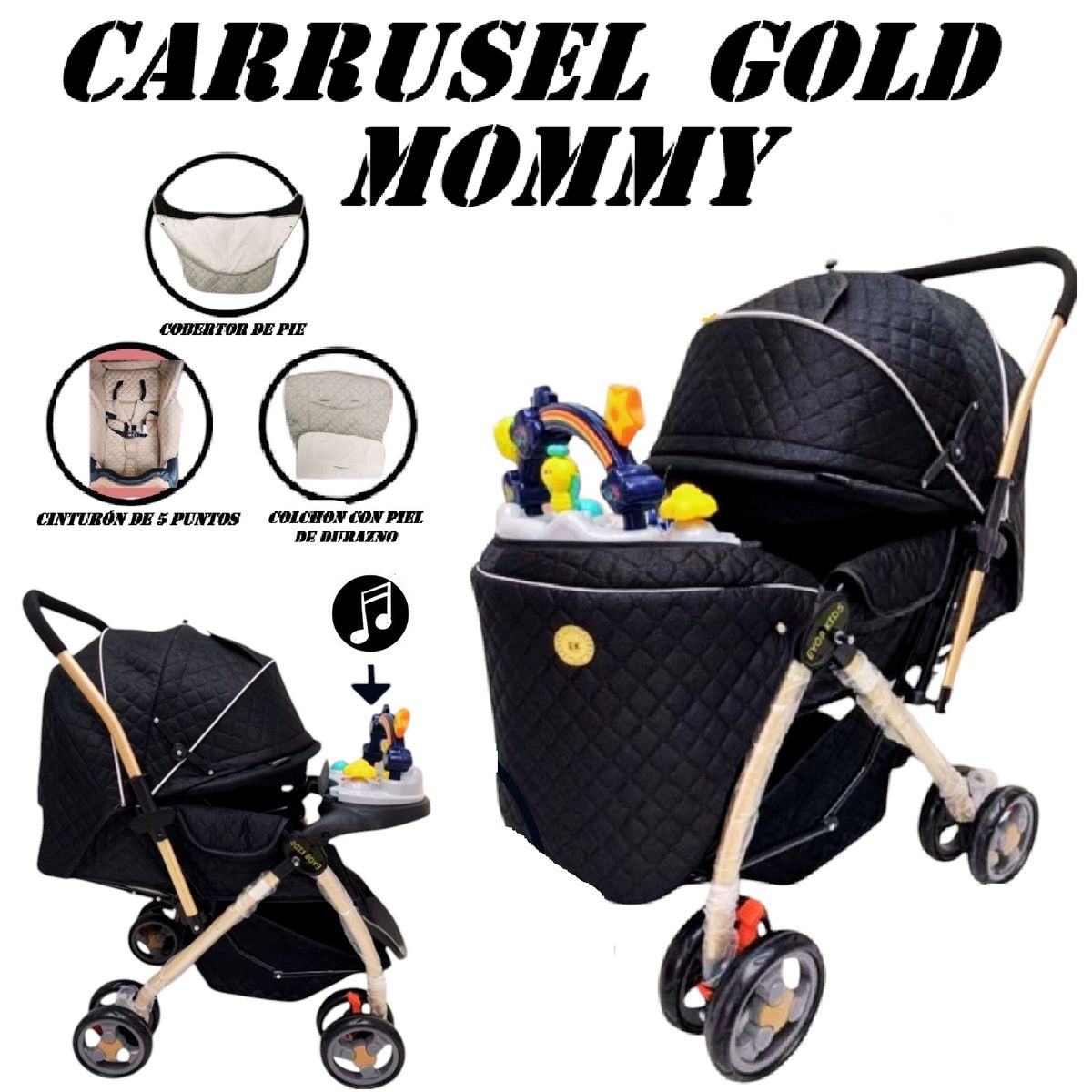 GENERICO - Coche de Paseo Bandeja Didactica Musical Gold Mommy - Negro