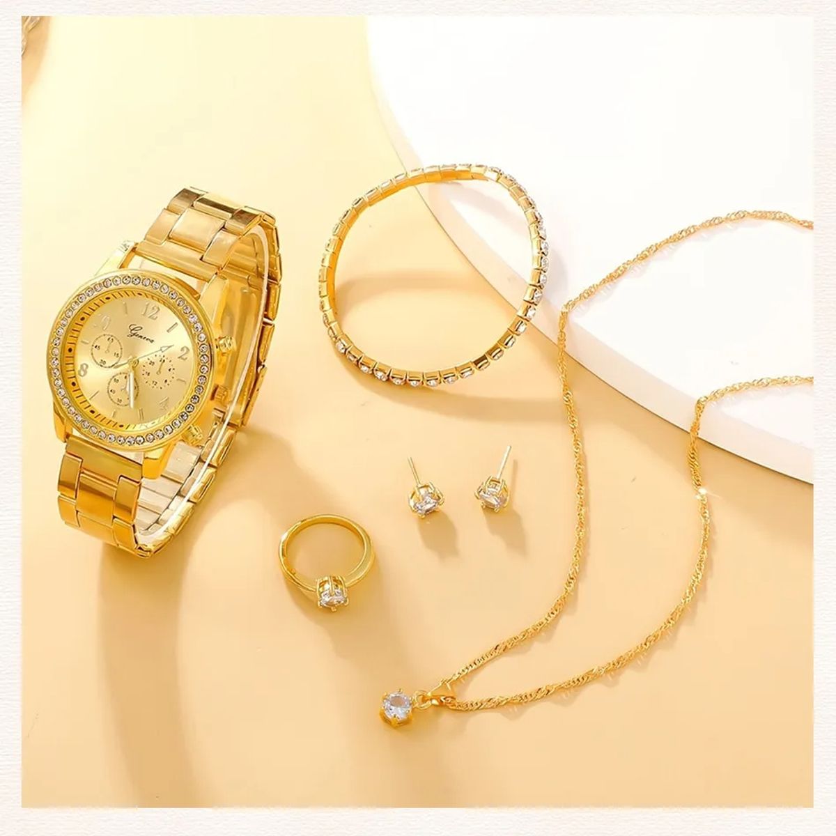 GENEVA - Set 6 Piezas Reloj Mujer Anillo Aretes Pulsera Collar San Valentín