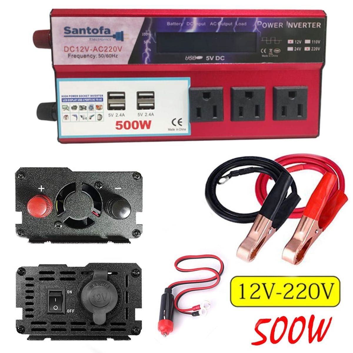 SANTOFA ELECTRONICS - Inversor de Corriente 12v a 220v 500w pantalla LCD 4 USB 3 Sockets