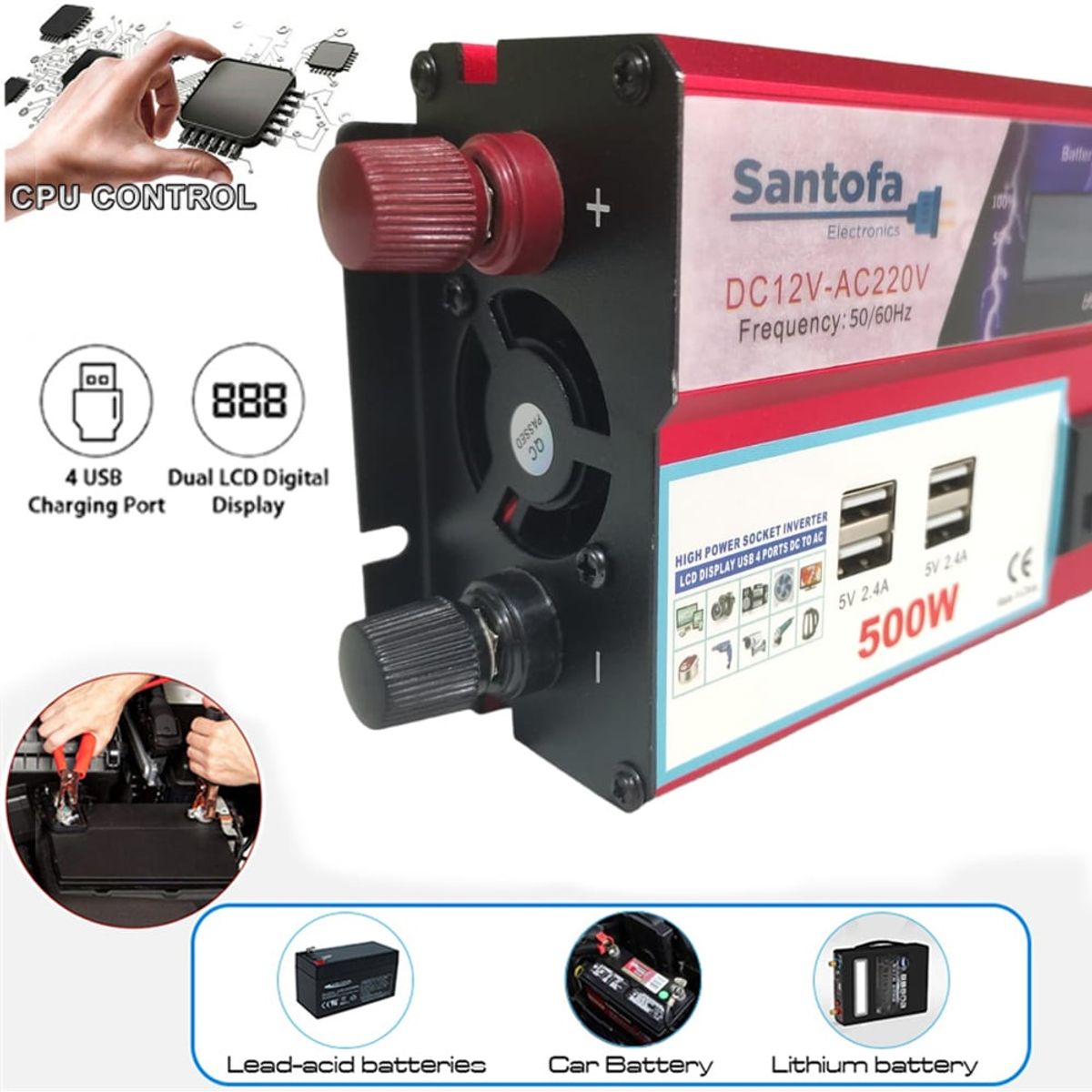 SANTOFA ELECTRONICS - Inversor de Corriente 12v a 220v 500w pantalla LCD 4 USB 3 Sockets