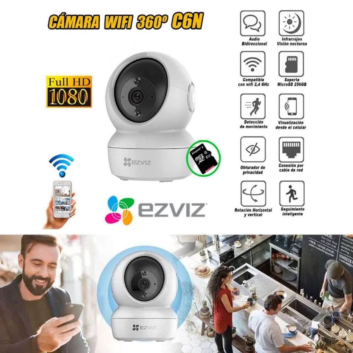 EZVIZ - Cámara Seguridad IP Robótica EZVIZ C6N 1080p Wifi Visión Nocturna 360°