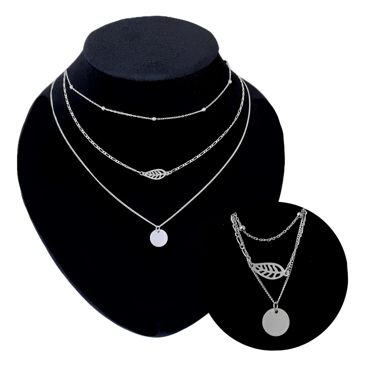 GENERICO - Collar Triple Mujer Bombita Hoja Circulo Regalo Novia Plata