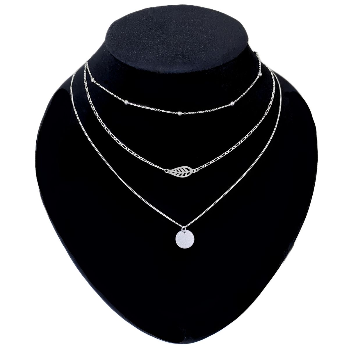 GENERICO - Collar Triple Mujer Bombita Hoja Circulo Regalo Novia Plata