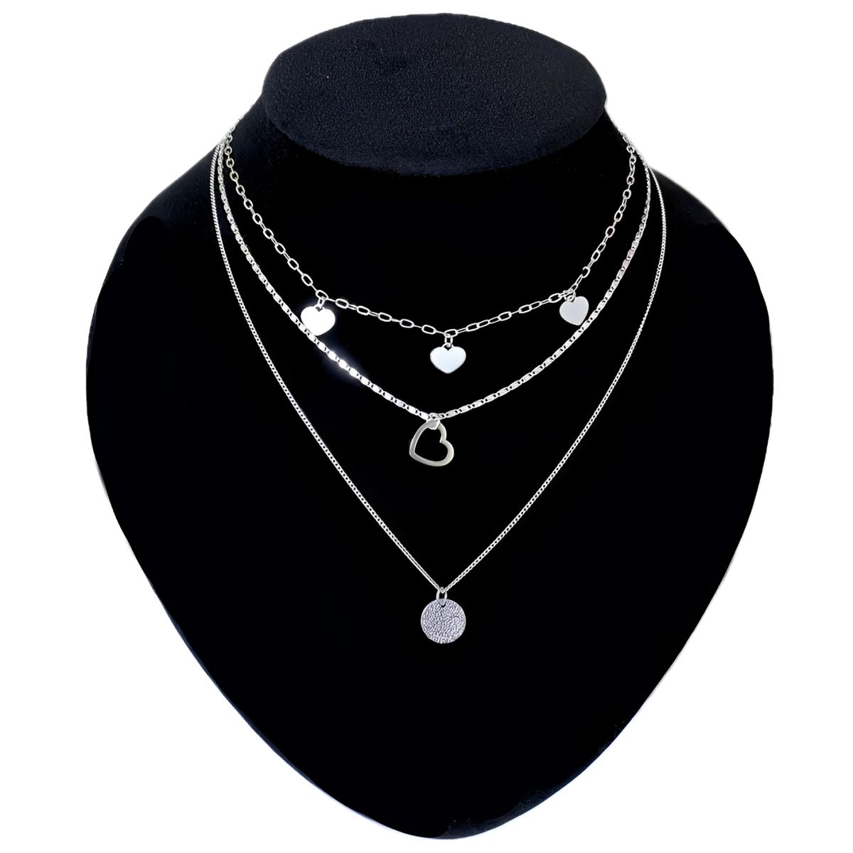 GENERICO - Collar Triple Novia Corazones Regalo San Valentín Plata 925