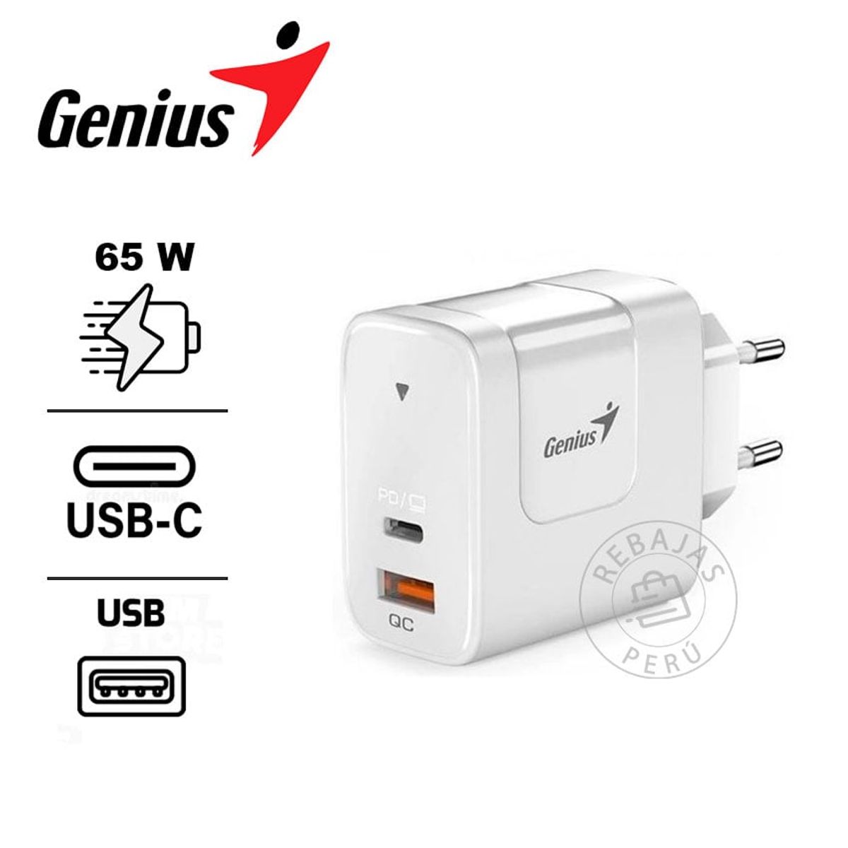 GENIUS GX - Cargador Genius PD-65AC 65W - Carga Rápida USB-C & USB-A