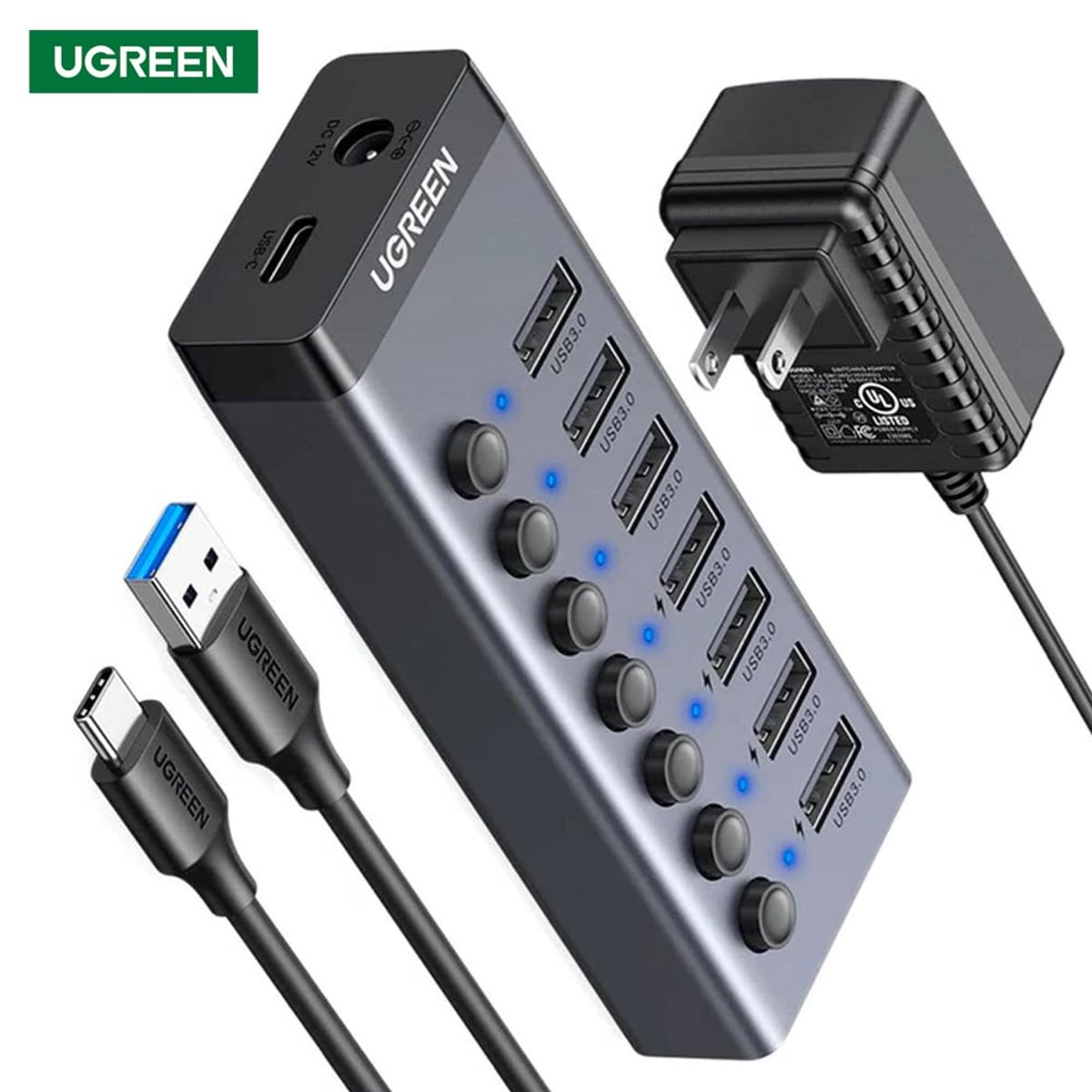 UGREEN - HUB USB 3.0 7 Puertos con Switch Independiente Adaptador de Corriente