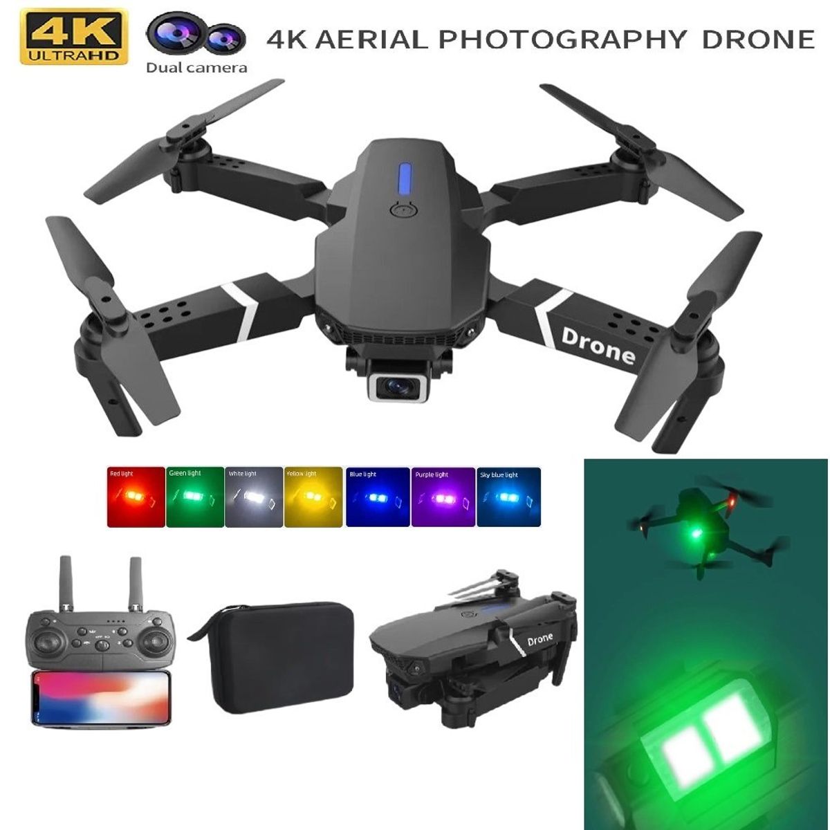 GENERICO - Dron E88 PRO 4K Original + Luz LED RGB  Cámara HD Plegable WiFi