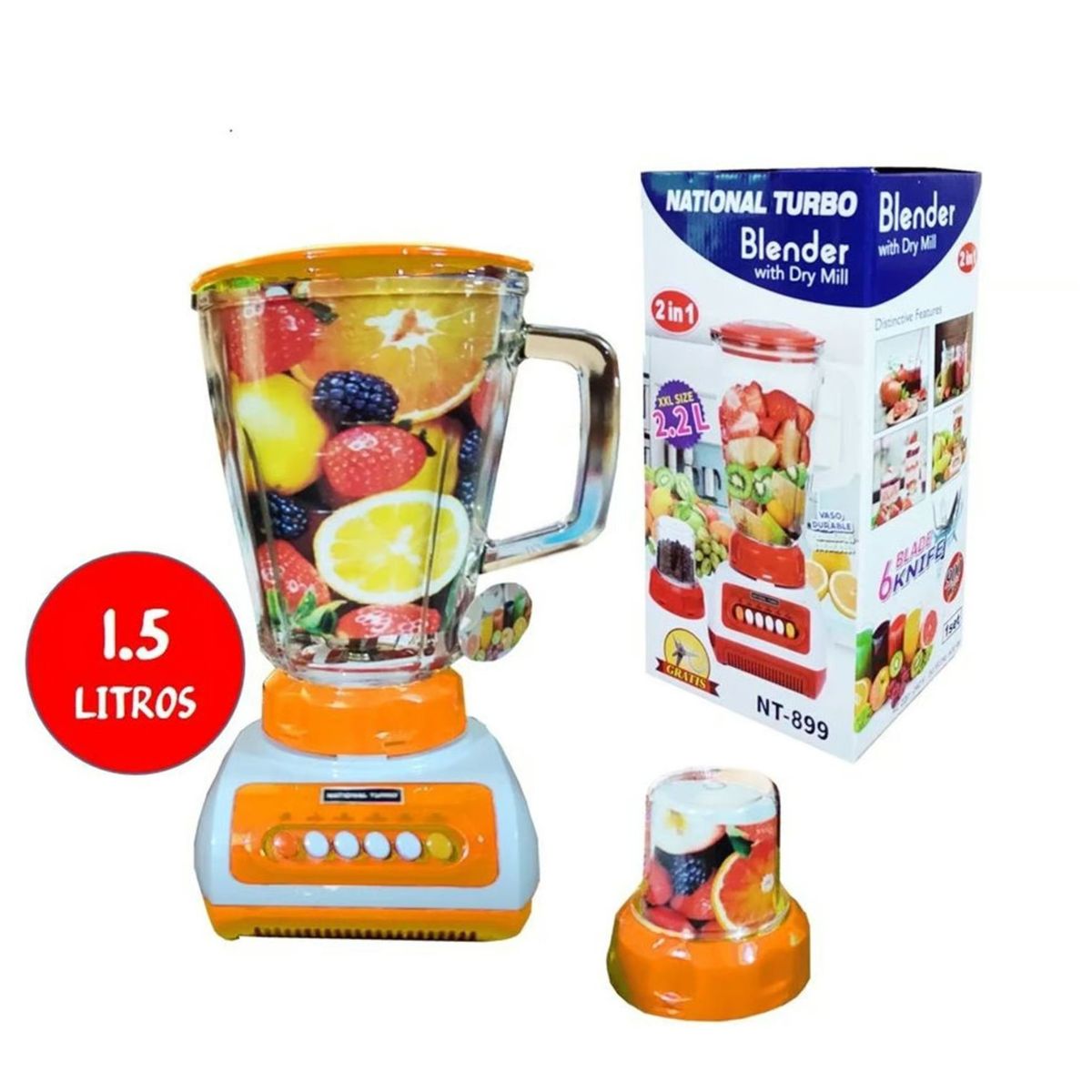 NATIONAL - Licuadora National Turbo con Doble Vaso de Vidrio Templado 900W Naranja