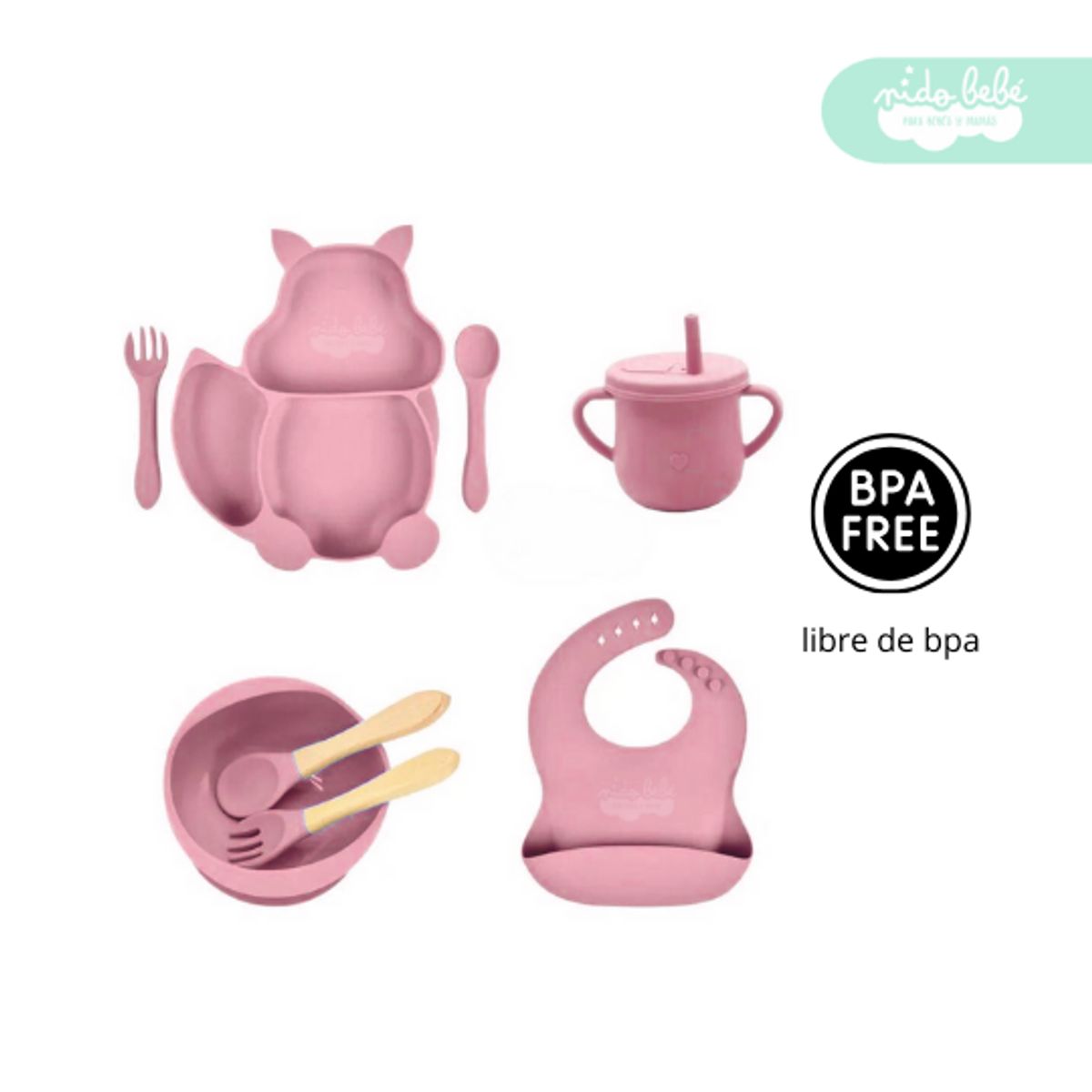GENERICO - Set de alimentación de bebé Ardilla 8 piezas Rosa