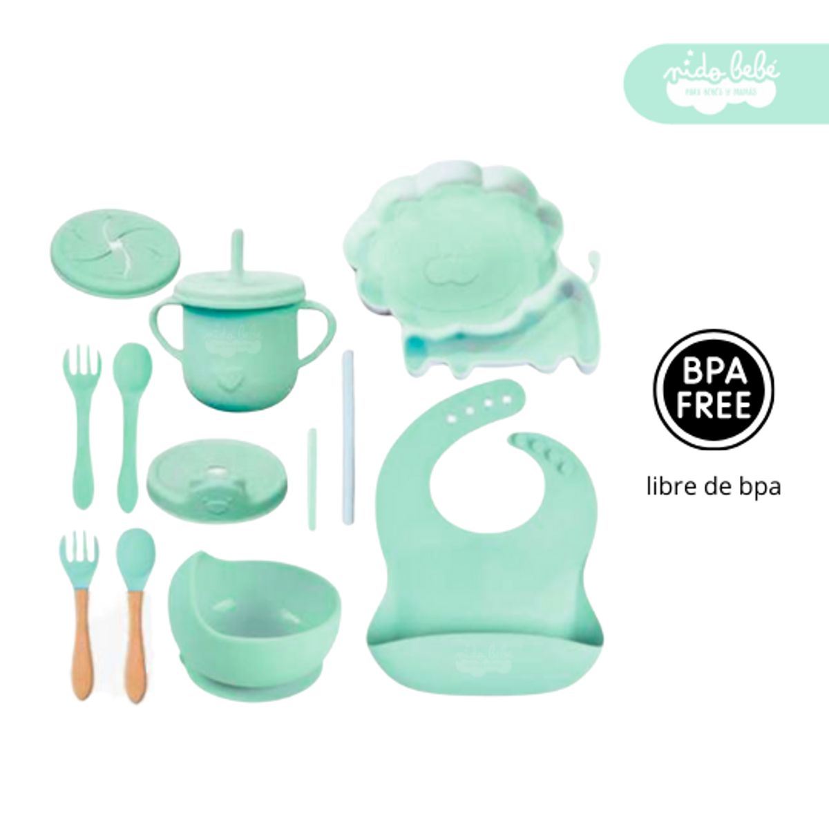 GENERICO - Set de alimentación de bebé León 13 piezas verde