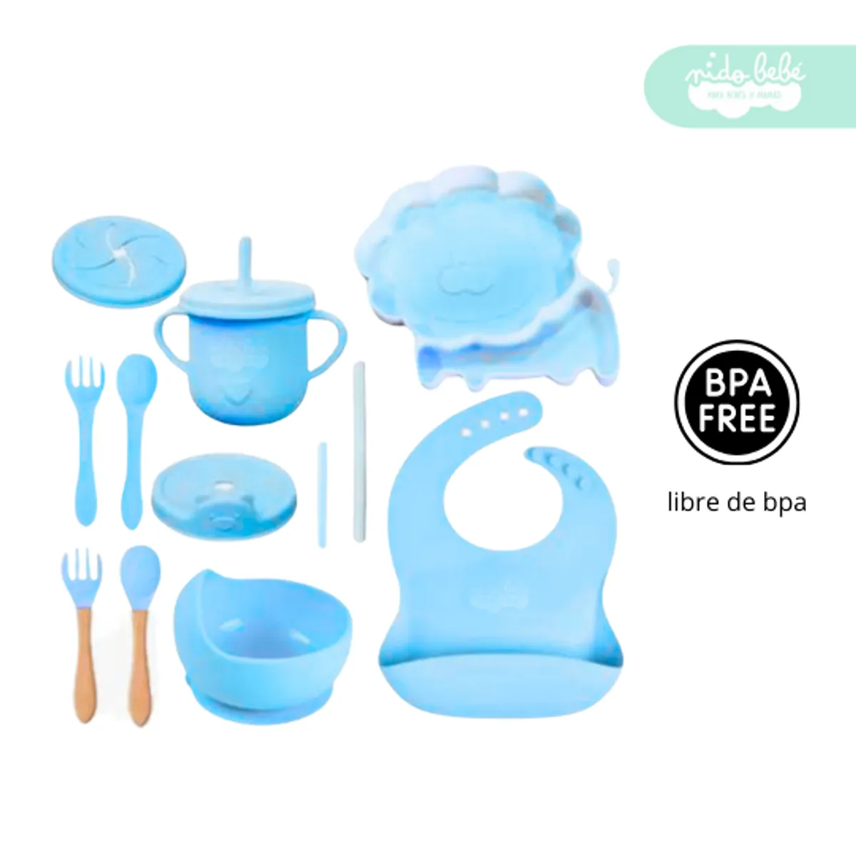 GENERICO - Set de alimentación de bebé León 13 piezas celeste