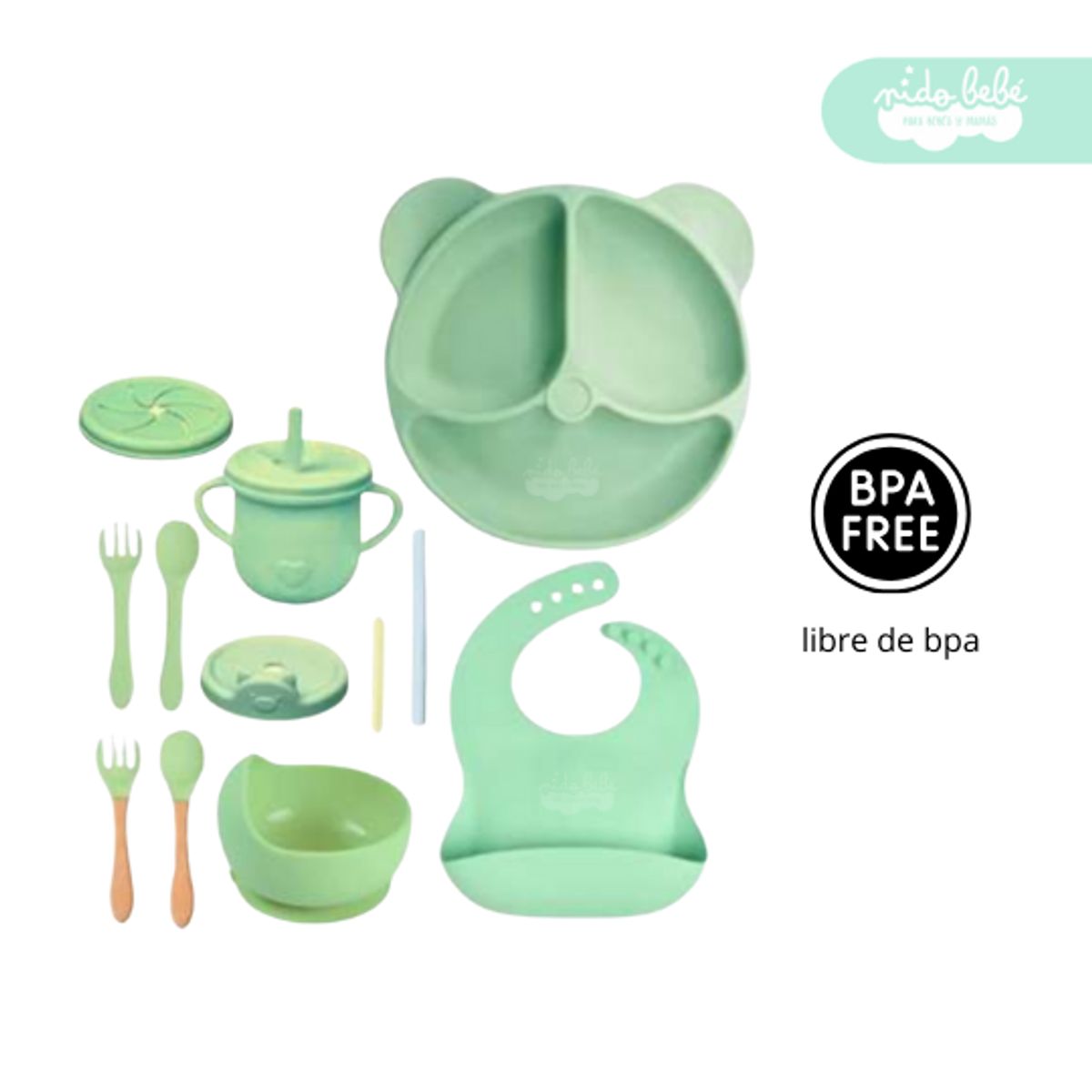 GENERICO - Set de alimentación de bebé Oso 13 piezas verde