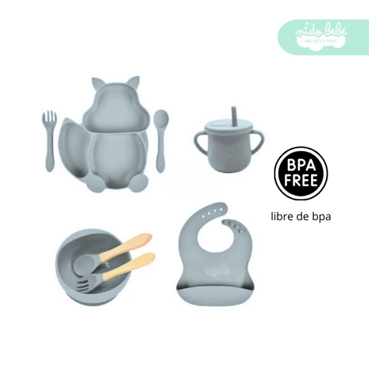 GENERICO - Set de alimentación de bebé Ardilla 8 piezas Plomo