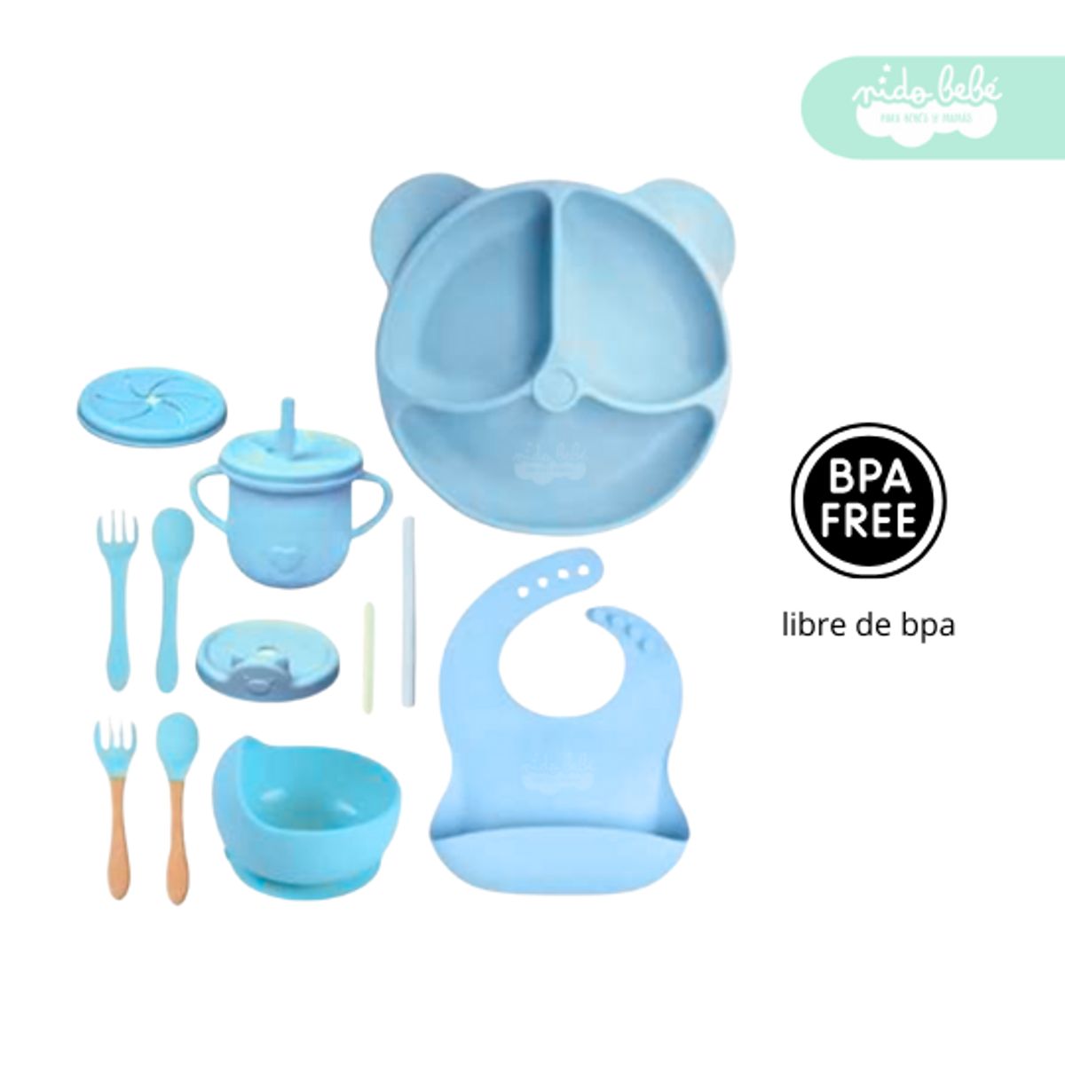GENERICO - Set de alimentación de bebé Oso 13 piezas celeste