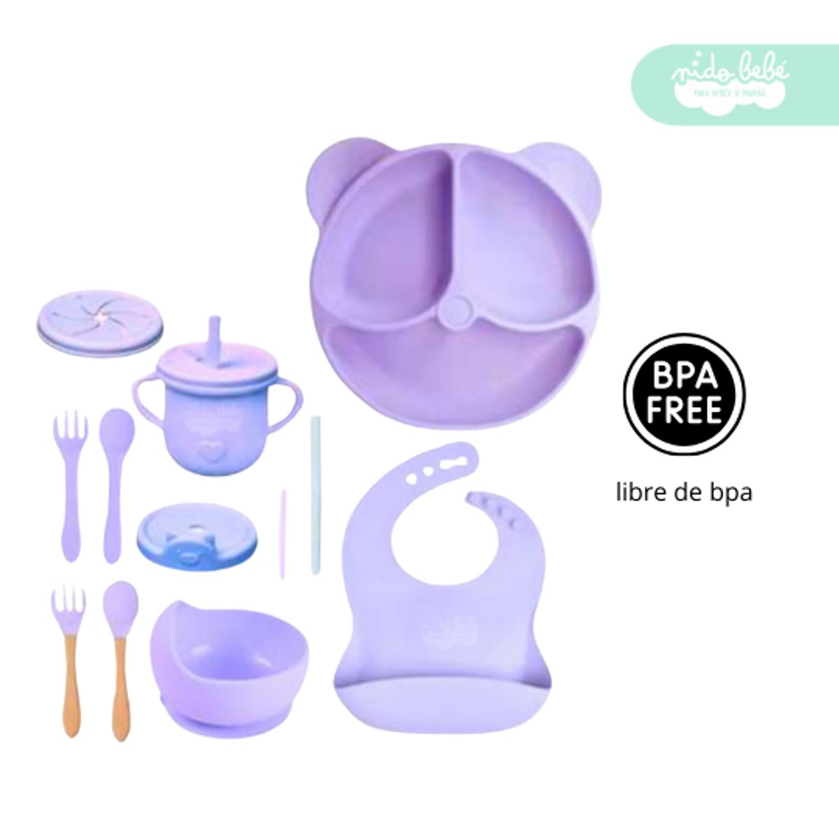 GENERICO - Set de alimentación de bebé Oso 13 piezas morado