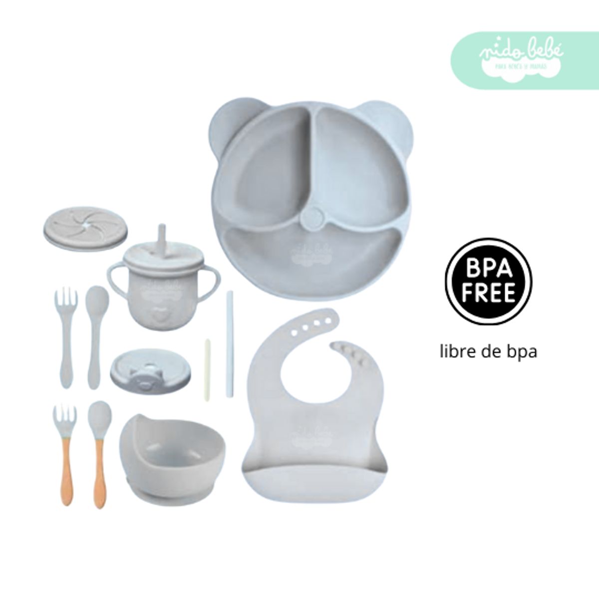 GENERICO - Set de alimentación de bebé Oso 13 piezas plomo