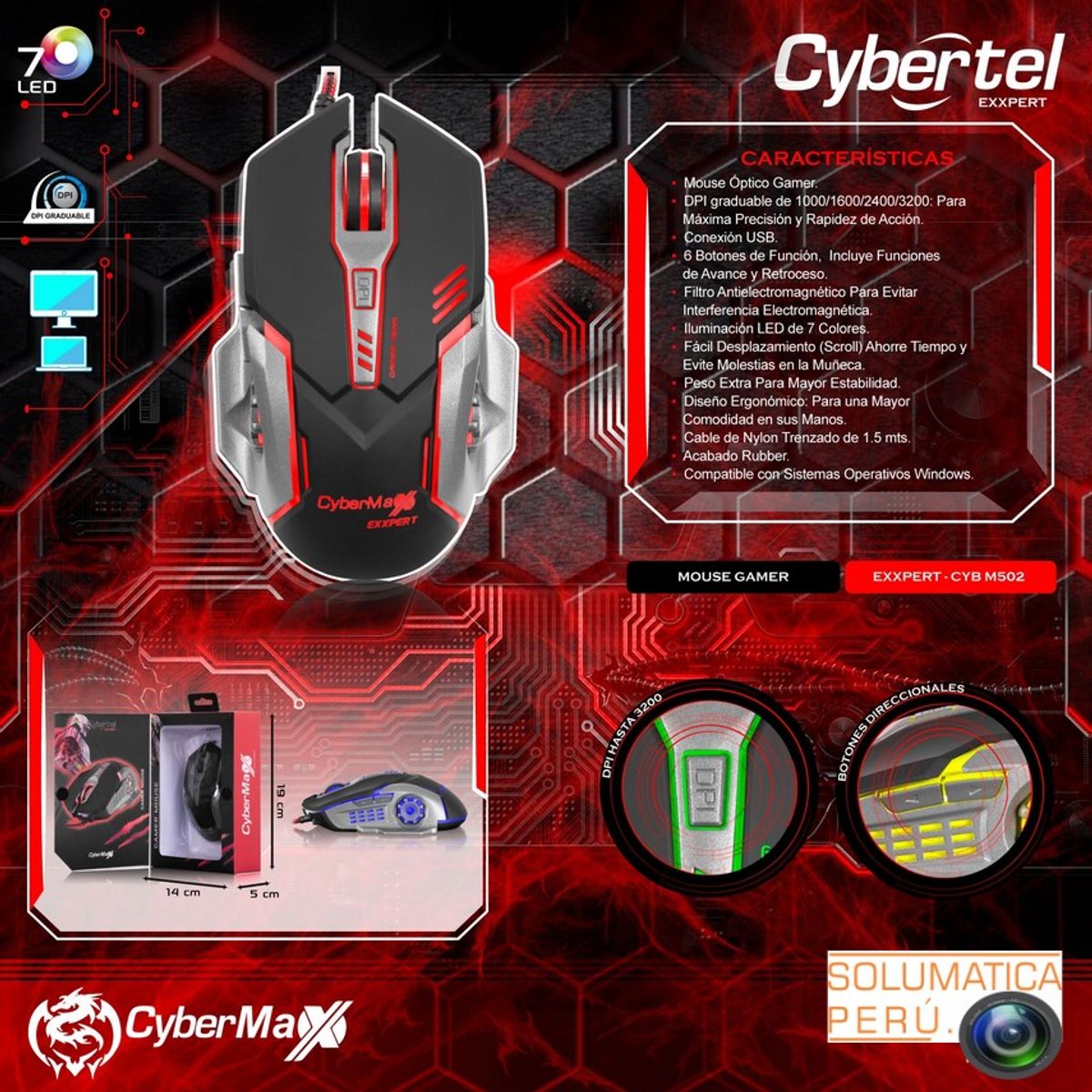 CYBERTEL - Mouse Gamer RGB Led - Multicolor 6 Botones - USB Cybertel