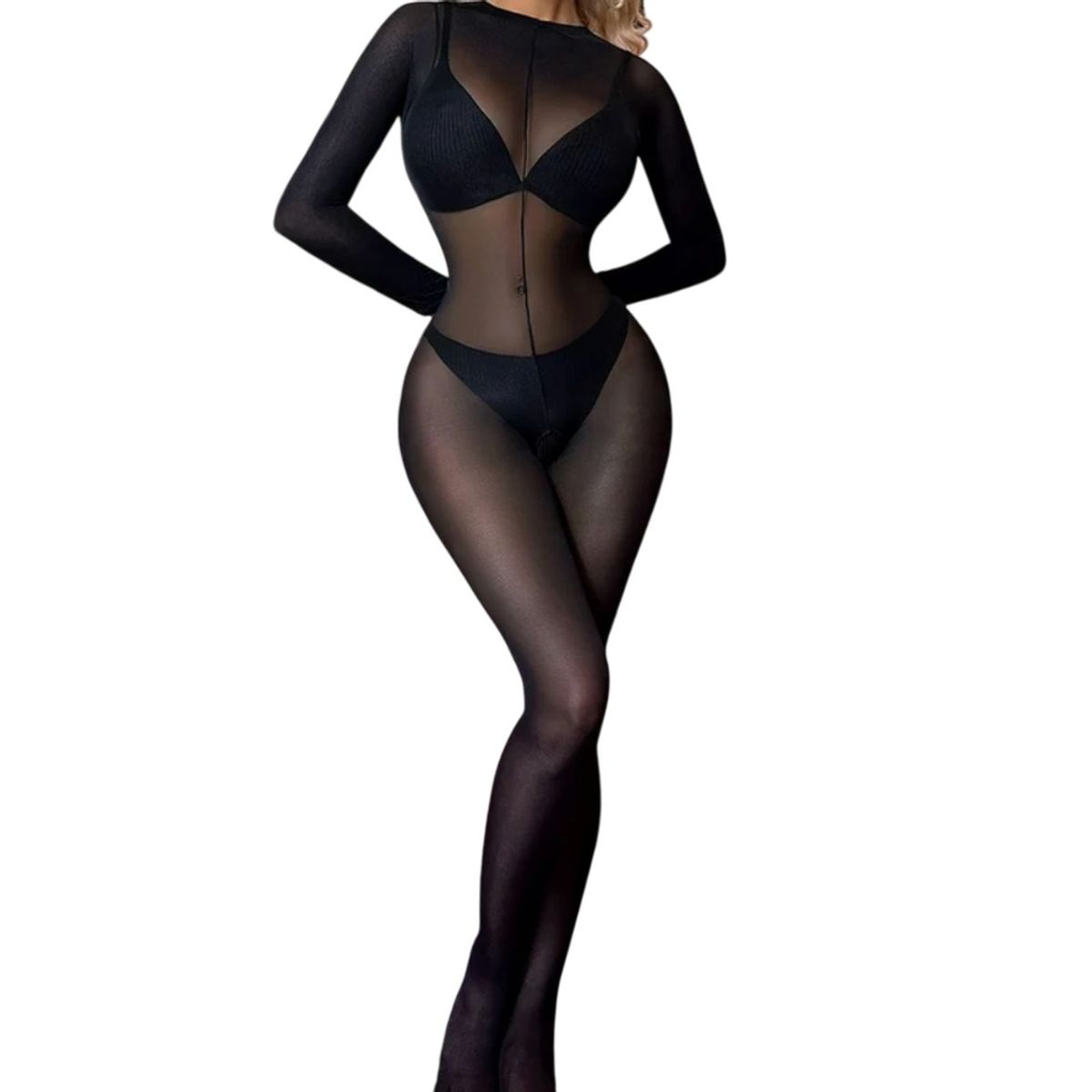 GENERICO - Enterizo transparente negro con abertura en la entrepierna talla M