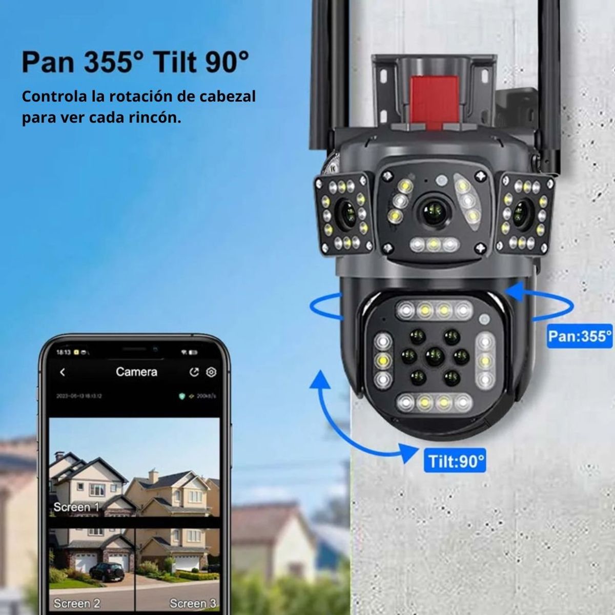 SEISA - Cámara de Seguridad Wifi Triple Lente SEISA Full HD 360º Zoom y Sirena IPC-SY10