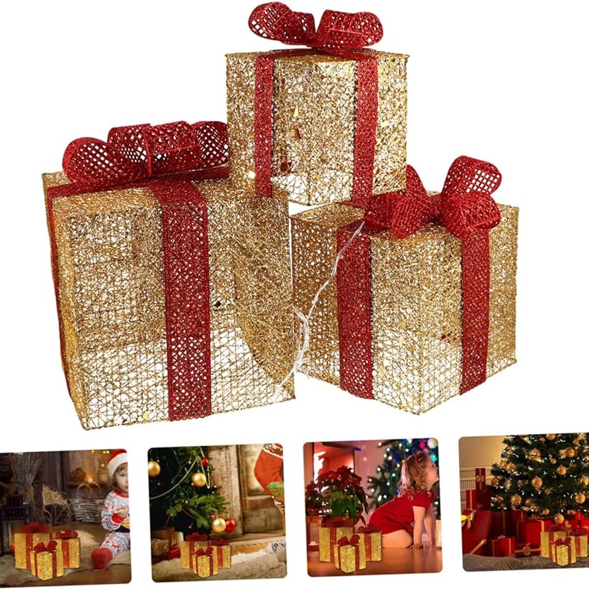 GENERICO - NAVIDAD - Adorno set 03pzs caja regalo de metal con luces led