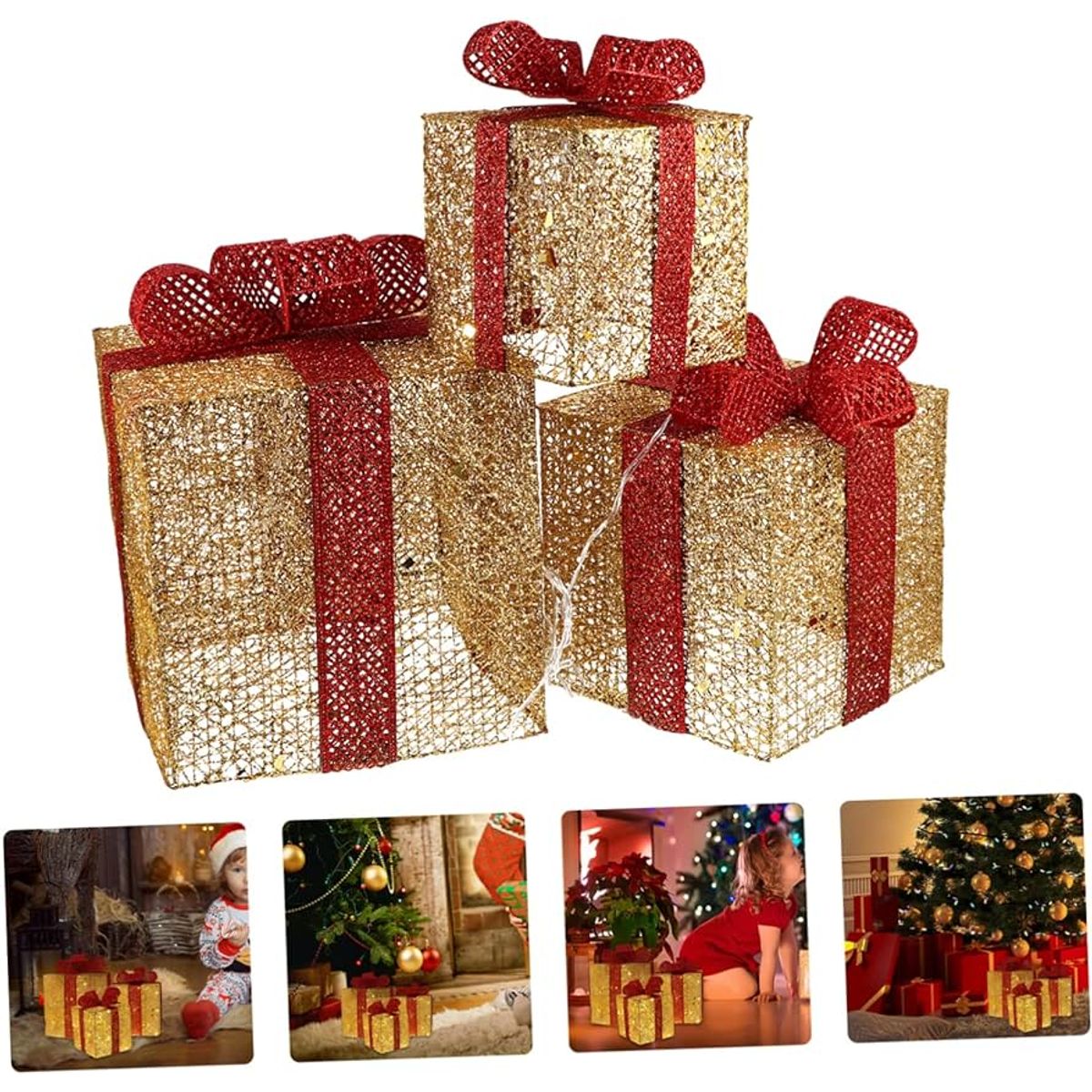 GENERICO - NAVIDAD - Adorno set 03pzs caja regalo de metal con luces led