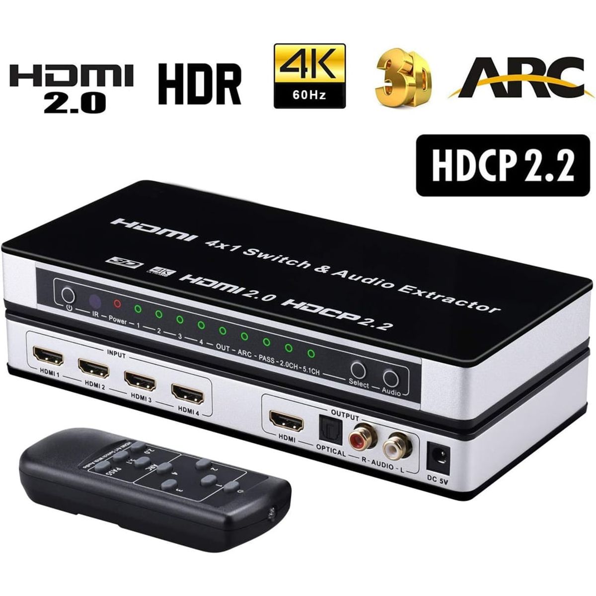 GENERICO - Switch HDMI 2.0 4 x 1 extractor de Audio con control remoto HDCP 2.2