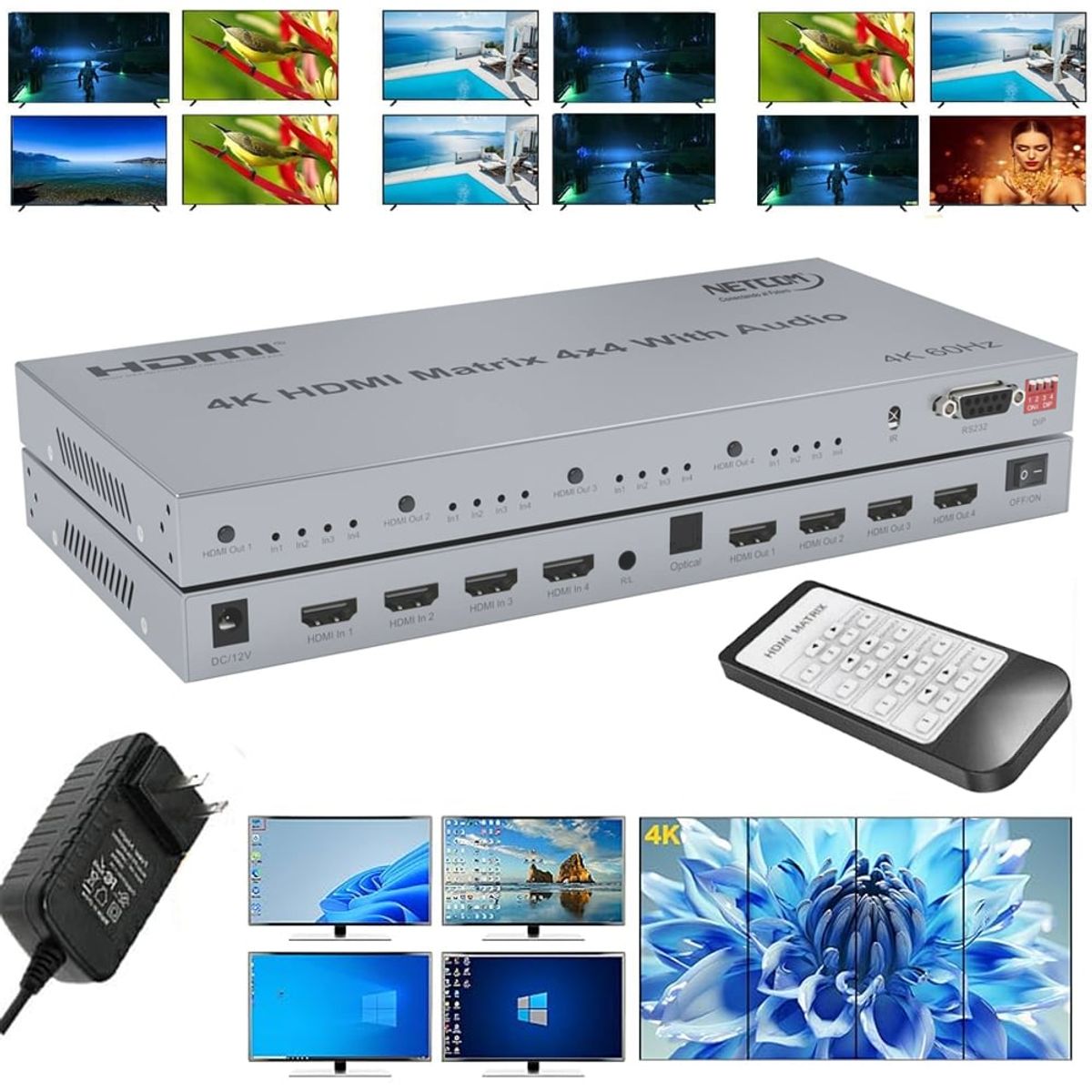 GENERICO - Matrix HDMI 4x4 Puertos Version 2.0 4K 60Hz Splitter Switch HDMI HDR