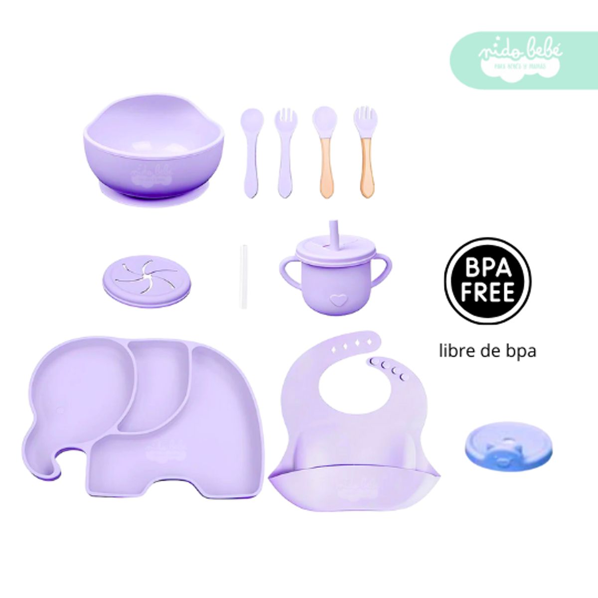 GENERICO - Set de alimentación de bebé Elefante 13 piezas morado