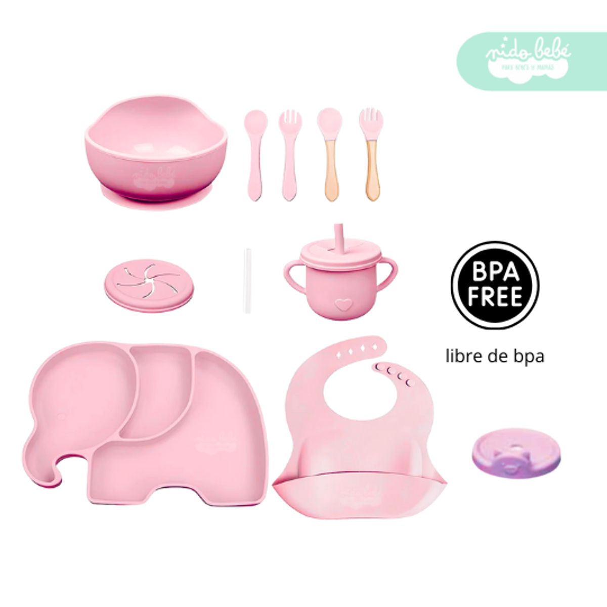 GENERICO - Set de alimentación de bebé Elefante 13 piezas rosado