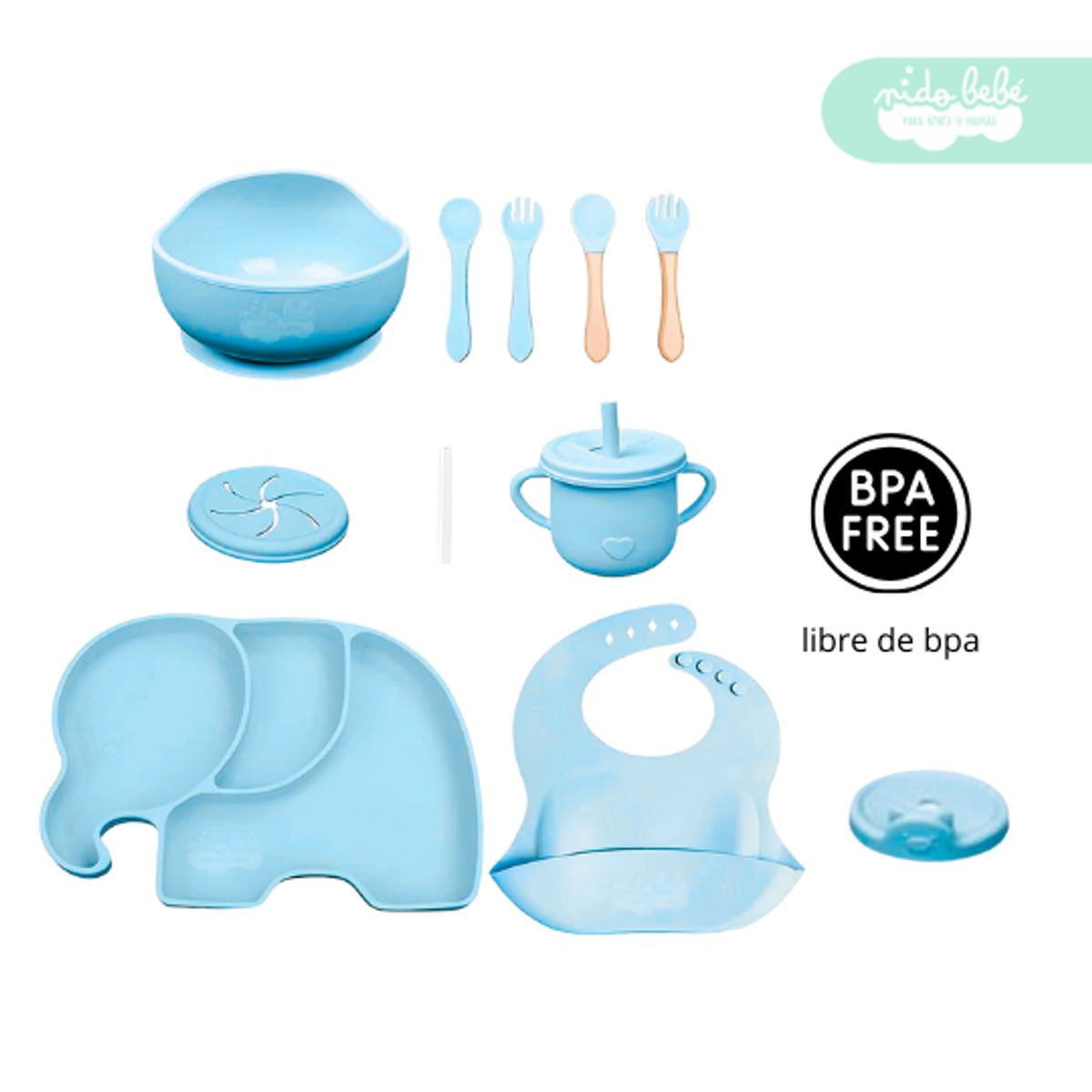 GENERICO - Set de alimentación de bebé Elefante 13 piezas celeste