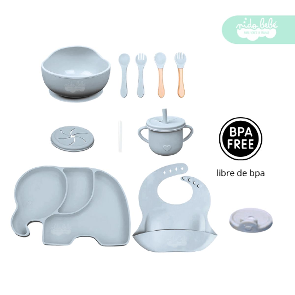 GENERICO - Set de alimentación de bebé Elefante 13 piezas plomo
