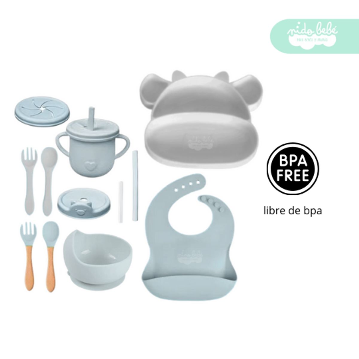 GENERICO - Set de alimentación de bebé Vacca 13 piezas plomo