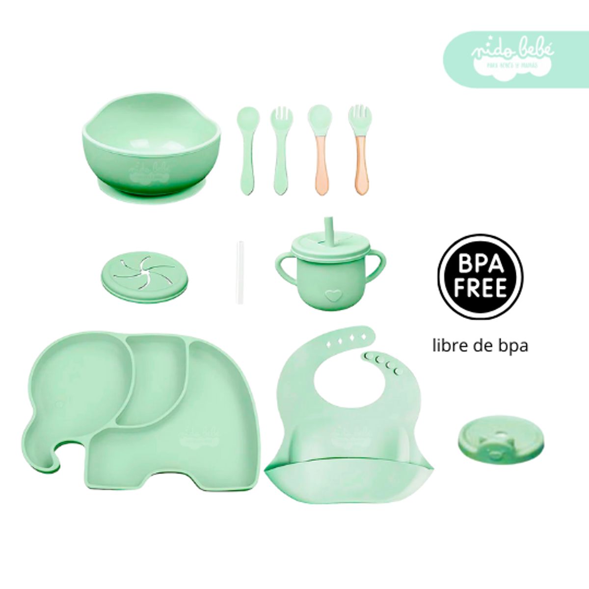GENERICO - Set de alimentación de bebé Elefante 13 piezas verde