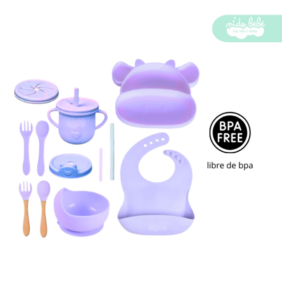 GENERICO - Set de alimentación de bebé Vacca 13 piezas morado