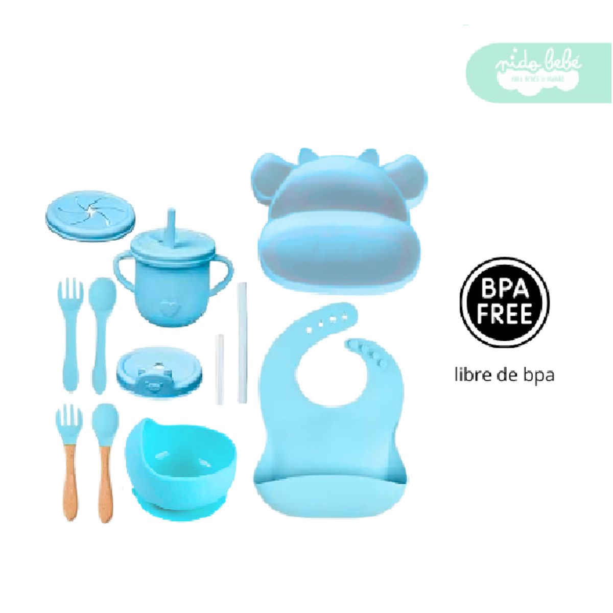 GENERICO - Set de alimentación de bebé Vacca 13 piezas celeste